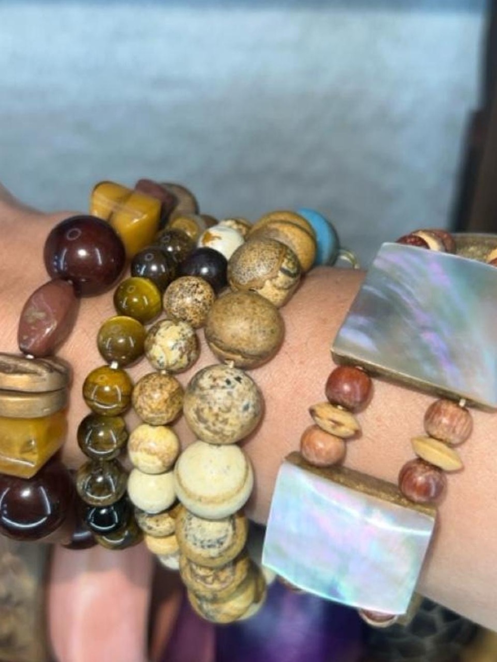 Natural Stone and Shell Beaded Stretch Bracelet Set - Neutral Tones